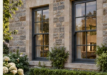 Black-framed aluminium windows set into a contemporary stone and render home