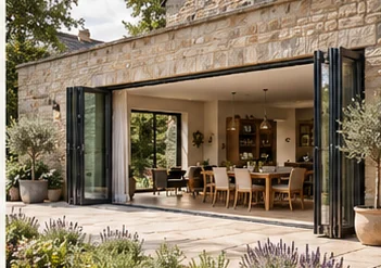 Fully folded black aluminium bi-fold doors opening a living room onto a garden terrace