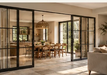 Black steel-framed internal glass partition separating a living room and dining space